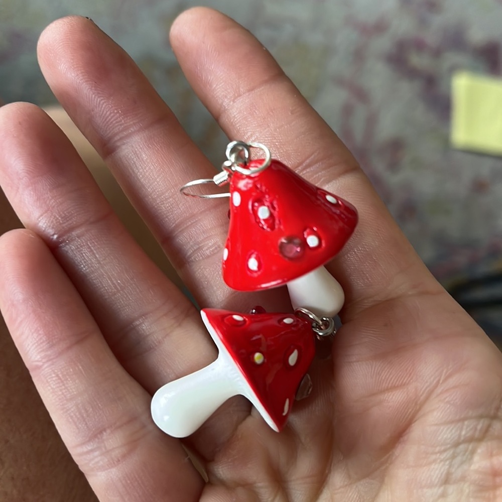 Red dangle mushroom earrings with rhinestones